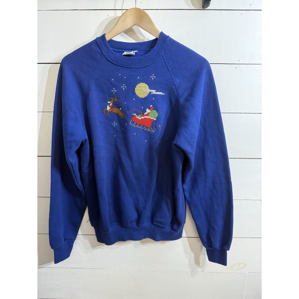 VTG Blue Sweatshirt Santa Sleigh Needlepoint Women's Large Made In USA Christmas